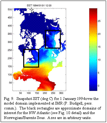 Text Box:  
Fig. 9.  Snapshot SST (deg C) for 1 January 1994over the model domain implemented at IMR (P. Budgell, pers. comm.).  The black rectangles are approximate domains of interest for the NW Atlantic (see Fig. 10 detail) and the Norwegian/Barents Seas.  Axes are in arbitrary units.
