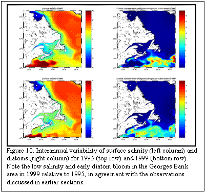 Text Box:  
Figure 10. Interannual variability of surface salinity (left column) and diatoms (right column) for 1995 (top row) and 1999 (bottom row).   Note the low salinity and early diatom bloom in the Georges Bank area in 1999 relative to 1995, in agreement with the observations discussed in earlier sections.
