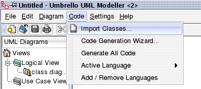 Menu for importing source code in Umbrello