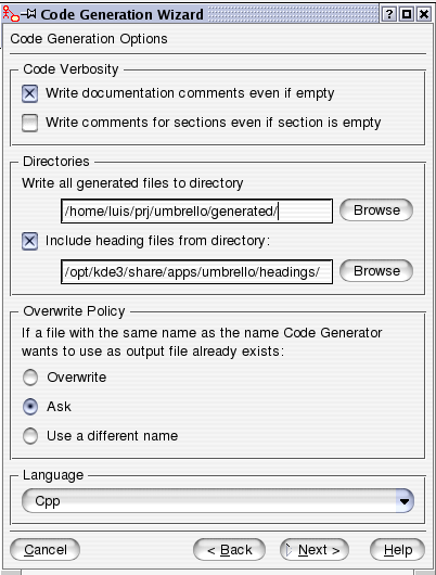 Options for the Code Generation in Umbrello UML Modeller